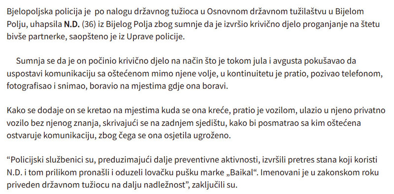 Montenegro-avmp/Bijelo-Polje-Uhapsen-osumnjiceni-za-proganjanje-bivse-partnerke_1