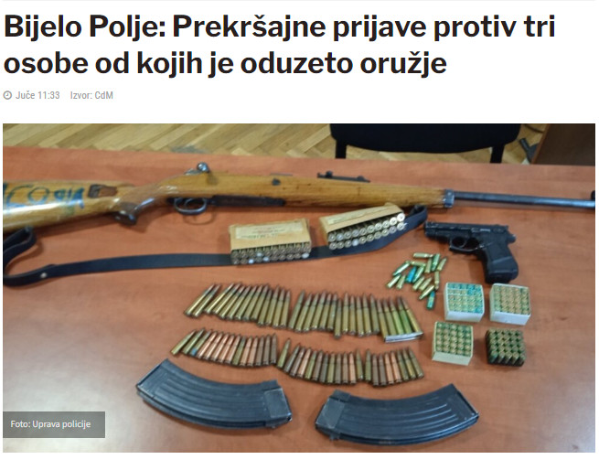 Montenegro-avmp/Bijelo-Polje-prekrsajne-prijave-protiv-tri-osobe-od-kojih-je-oduzeto-oruzj
