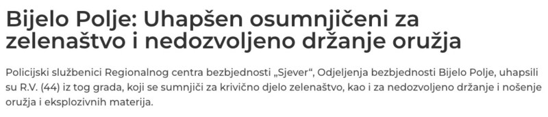 Montenegro-avmp/Bijelo-Polje_-Uhapsen-osumnjiceni-za-zelenastvo-i-nedozvoljeno-drzanje-oru