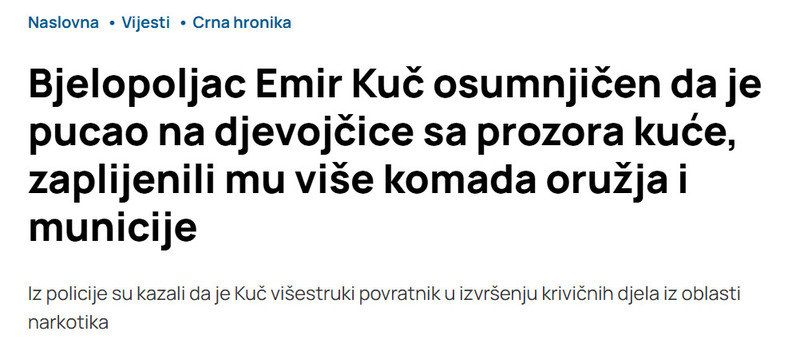 Montenegro-avmp/Bjelopoljac-Emir-Kuc-osumnjicen-da-je-pucao-na-djevojcice-sa-prozora-kuce-zaplijenili-mu-vise-komada-oruzja-i-municije