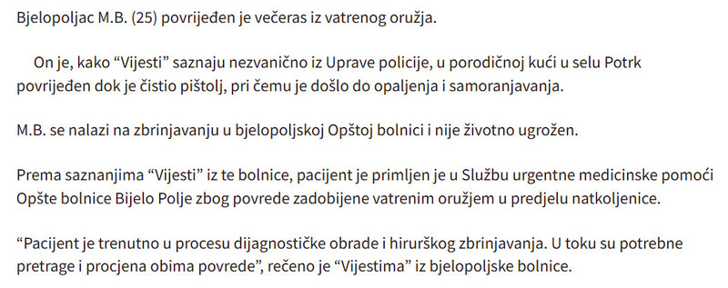 Montenegro-avmp/Bjelopoljac-se-ranio-dok-je-cistio-pistolj