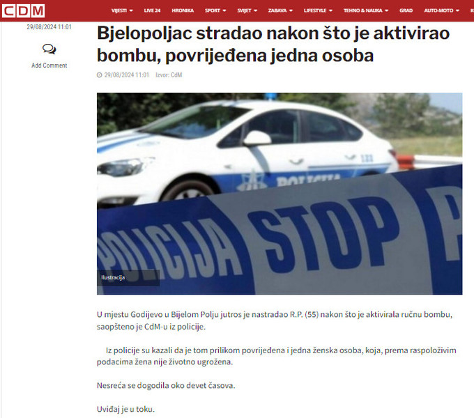 Montenegro-avmp/Bjelopoljac-stradao-nakon-sto-je-aktivirao-bombu-povrijedena-jedna-osoba--