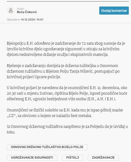 Montenegro-avmp/Bjelopoljac-zadrzan-zbog-ugrozvanja-sigurnosti-i-posjedovanja-pistolja