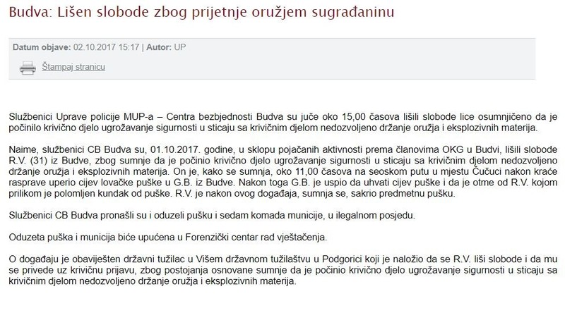 Montenegro-avmp/Budva--Lisen-slobode-zbog-prijetnje-oruzjem-sugradaninu