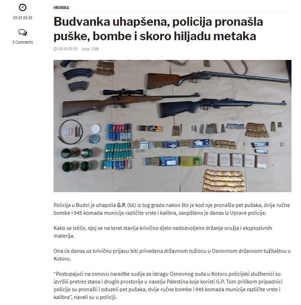 Montenegro-avmp/Budvanka-uhapsena-policija-pronasla-puske-bombe-i-skoro-hiljadu-metaka
