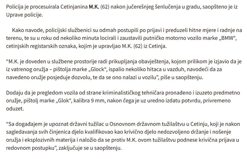 Montenegro-avmp/Cetinjanin-procesuiran-zbog-senlucenja-oduzet-mu-pistolj