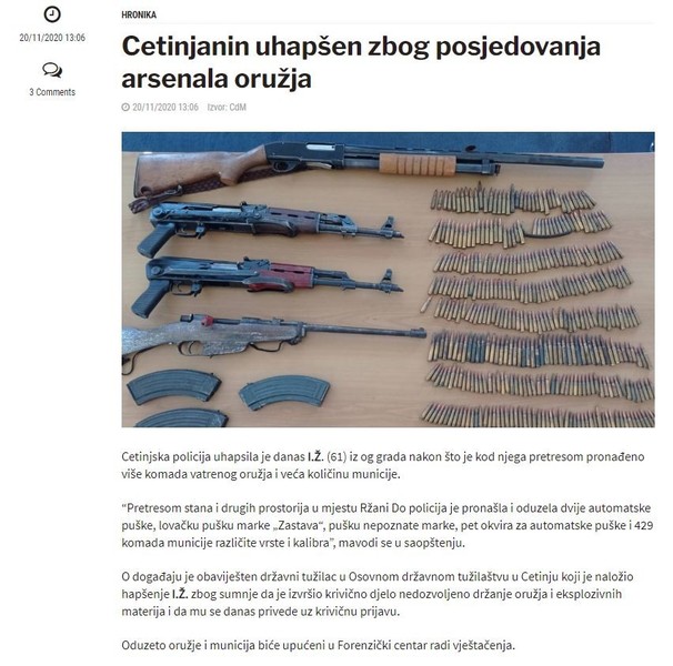 Montenegro-avmp/Cetinjanin-uhapsen-zbog-posjedovanja-arsenala-oruzja