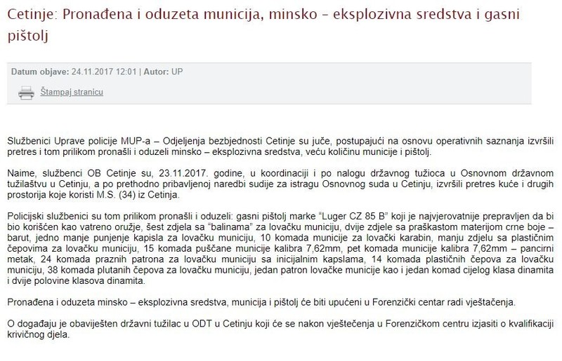Montenegro-avmp/Cetinje---Pronadena-i-oduzeta-municija-minsko--eksplozivna-sredstva-i-gasn
