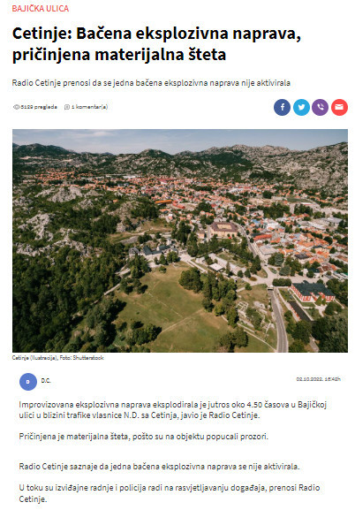Montenegro-avmp/Cetinje_-Bacena-eksplozivna-naprava-pricinjena-materijalna-steta