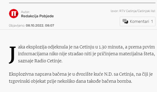 Montenegro-avmp/Cetinje_-Bacena-eksplozivna-naprava-u-dvoriste-kuce---Pobjeda