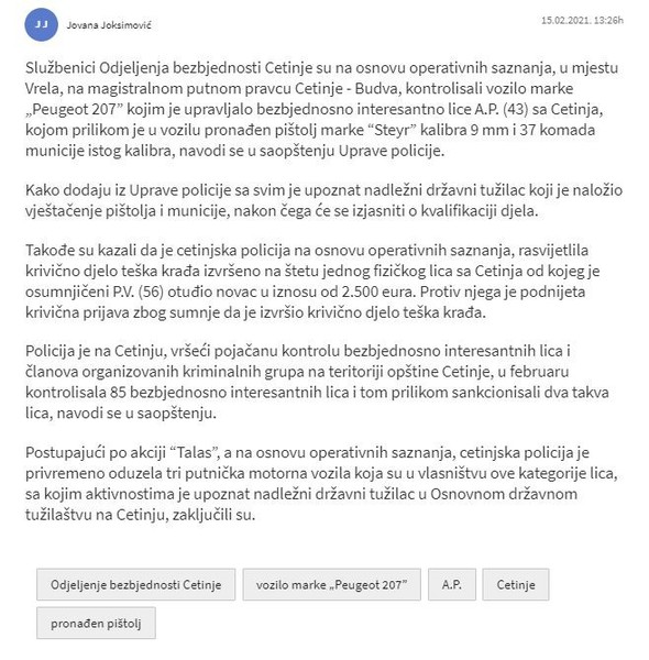 Montenegro-avmp/Cetinje_-Policijskom-pretragom-pronaden-pistolj-kod-bezbjednosno-interesan