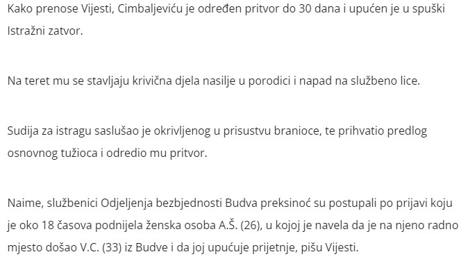 Montenegro-avmp/Cimbaljevicu-odredjen-pritvor-do-30-dana-zbog-napada-na-sluzbeno-lice
