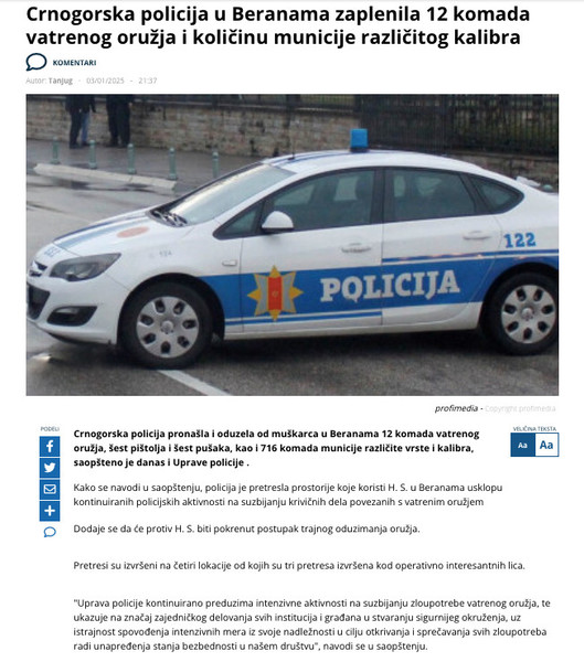 Montenegro-avmp/Crnogorska-policija-u-Beranama-zaplenila-12-komada-vatrenog-oruzja-i-kolic