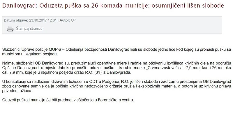 Montenegro-avmp/Danilovgrad--Oduzeta-puska-sa-26-komada-municije-osumnjiceni-lisen-slobode