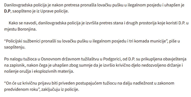 Montenegro-avmp/Danilovgrad-Pronadena-lovacka-puska-u-ilegalnom-posjedu-uhapsena-jedna-osoba