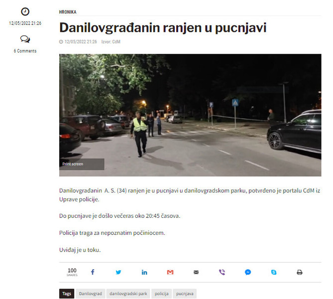 Montenegro-avmp/Danilovgradanin-ranjen-u-pucnjavi