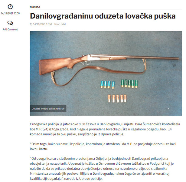 Montenegro-avmp/Danilovgradaninu-oduzeta-lovacka-puska---CdM