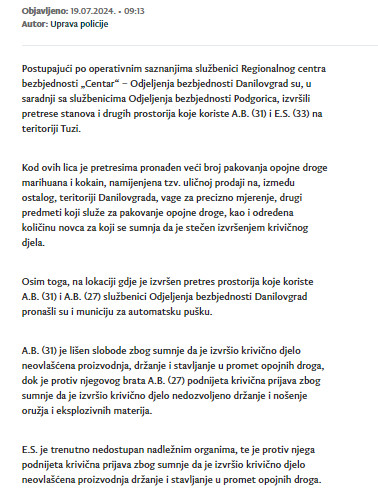 Montenegro-avmp/Danilovgradska-policija-izvrsila-pretrese-u-Tuzima-pronadeni-narkotici-mun