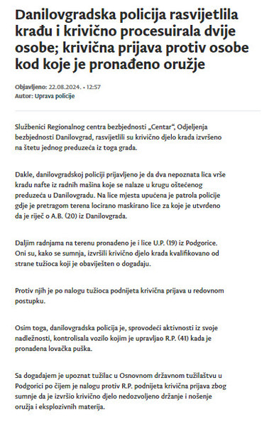Montenegro-avmp/Danilovgradska-policija-rasvijetlila-kradu-i-krivicno-procesuirala-dvije-o