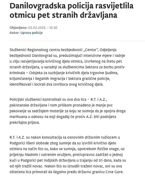 Montenegro-avmp/Danilovgradska-policija-rasvijetlila-otmicu-pet-stranih-drzavljana