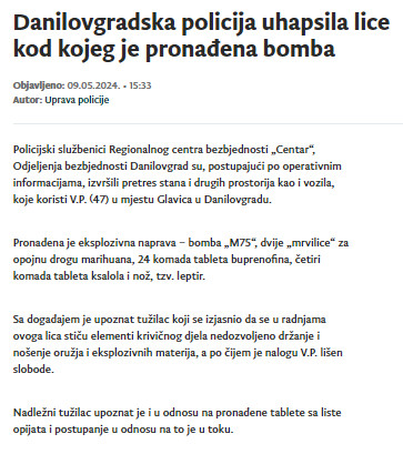 Montenegro-avmp/Danilovgradska-policija-uhapsila-lice-kod-kojeg-je-pronadena-bomba
