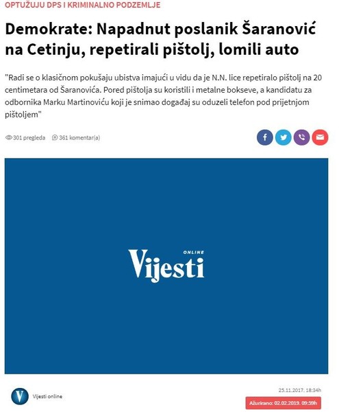 Montenegro-avmp/Demokrate_-Napadnut-poslanik-Saranovic-na-Cetinju-repetirali-pistolj-lomil