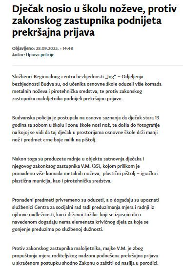 Montenegro-avmp/Djecak-nosio-u-skolu-nozeve-protiv-zakonskog-zastupnika-podnijeta-prekrsa
