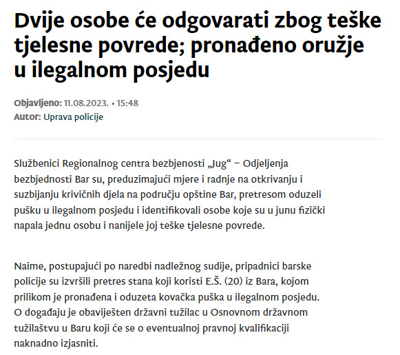 Montenegro-avmp/Dvije-osobe-ce-odgovarati-zbog-teske-tjelesne-povrede-pronadeno-oruzje-u-