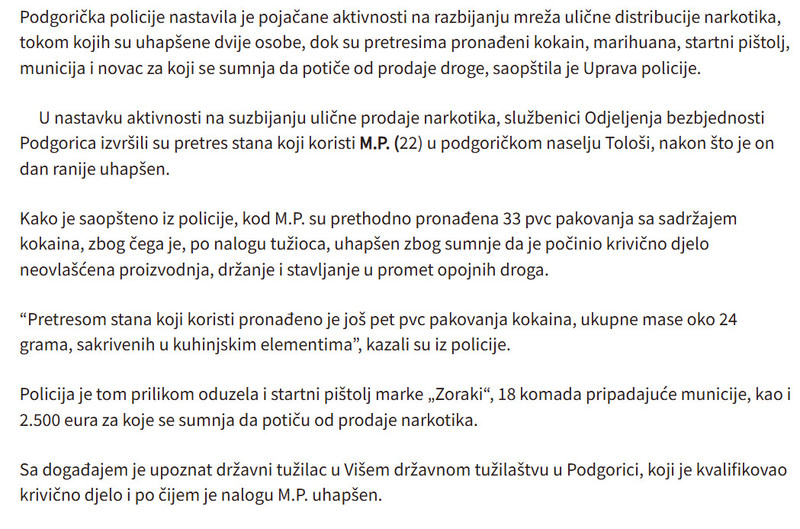 Montenegro-avmp/Dvije-osobe-uhapsene-u-Podgorici-zaplijenjeni-kokain-marihuana-i-novac