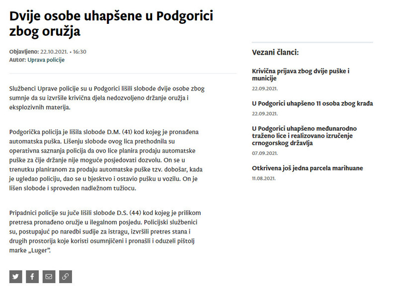 Montenegro-avmp/Dvije-osobe-uhapsene-u-Podgorici-zbog-oruzja