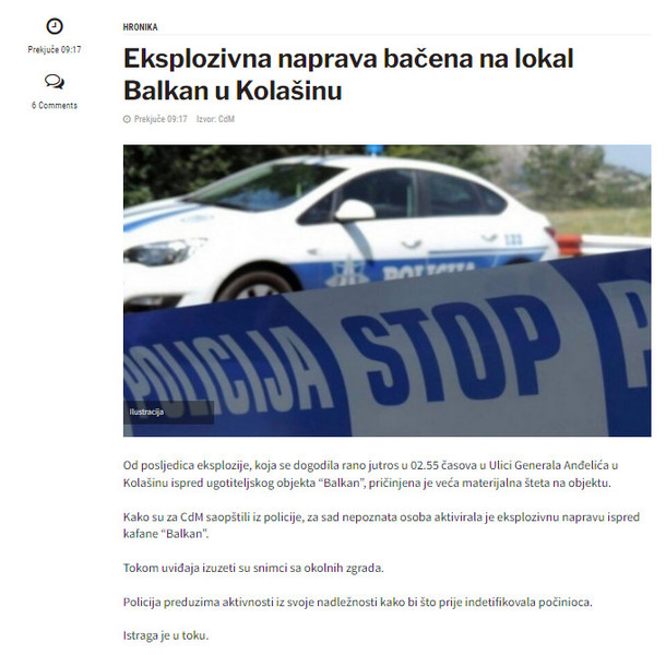 Montenegro-avmp/Eksplozivna-naprava-bacena-na-lokal-Balkan-u-Kolasinu