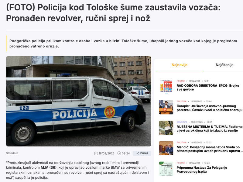 Montenegro-avmp/FOTO-Policija-kod-Toloske-sume-zaustavila-vozaca_-Pronaden-revolver-rucni-