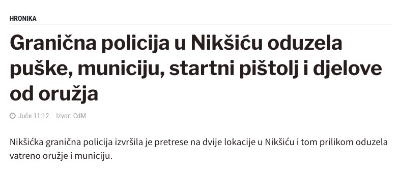 Montenegro-avmp/Granicna-policija-u-Niksicu-oduzela-puske-municiju-startni-pistolj-i-djelo
