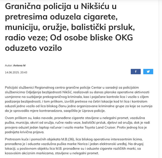 Montenegro-avmp/Granicna-policija-u-Niksicu-u-pretresima-oduzela-cigarete-municiju-oruzje-