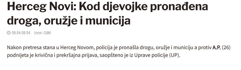 Montenegro-avmp/Herceg-Novi-Kod-djevojke-pronadena-droga-oruzje-i-municija
