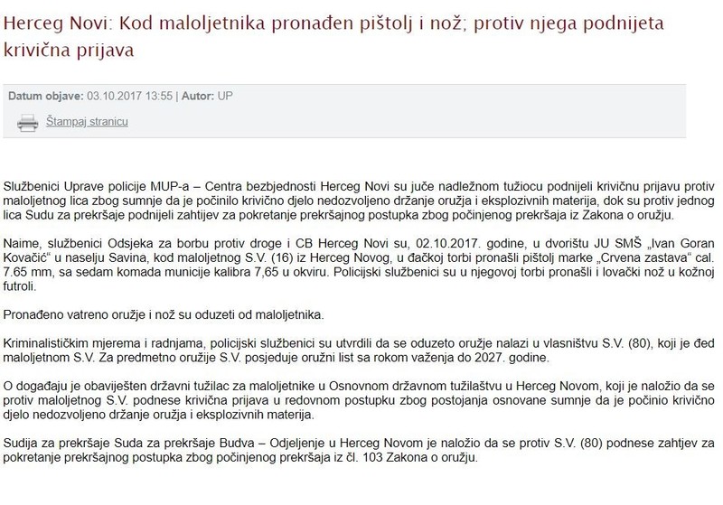 Montenegro-avmp/Herceg-Novi-Kod-maloljetnika-pronaden-pistolj-i-noz-protiv-njega-podnijeta
