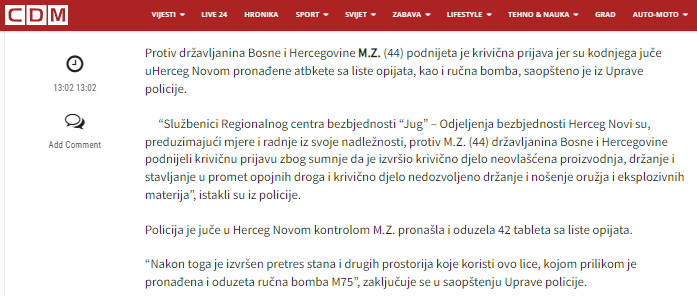 Montenegro-avmp/Herceg-Novi_-Kod-drzavljanina-BiH-nadeni-opijati-i-rucna-bomba---CdM