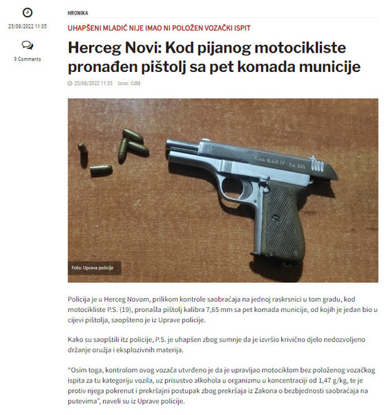 Montenegro-avmp/Herceg-Novi_-Kod-pijanog-motocikliste-pronaden-pistolj-sa-pet-komada-munic