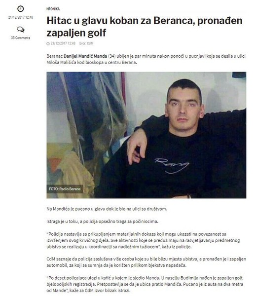 Montenegro-avmp/Hitac-u-glavu-koban-za-Beranca-pronaden-zapaljen-golf