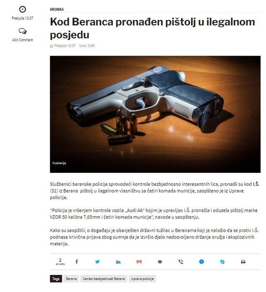 Montenegro-avmp/Kod-Beranca-pronaden-pistolj-u-ilegalnom-posjedu