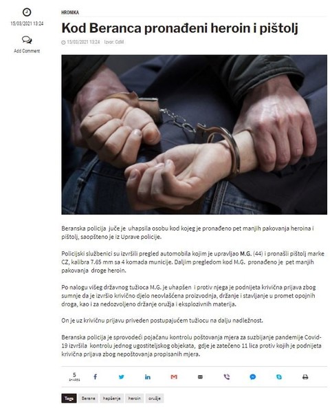 Montenegro-avmp/Kod-Beranca-pronadeni-heroin-i-pistolj