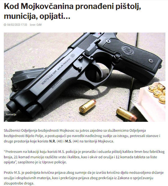 Montenegro-avmp/Kod-Mojkovcanina-pronadjeni-pistolj-municija-opijati