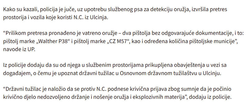 Montenegro-avmp/Kod-Ulcinjanina-pronadeni-pistolji-i-municija_2