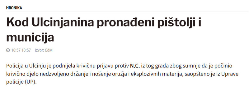 Montenegro-avmp/Kod-Ulcinjanina-pronadeni-pistolji-i-municija