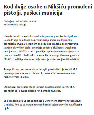 Montenegro-avmp/Kod-dvije-osobe-u-Niksicu-pronadeni-pistolji-puska-i-municija