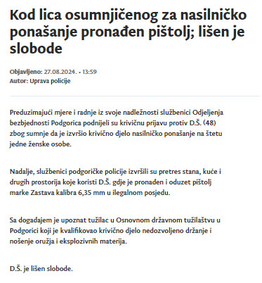 Montenegro-avmp/Kod-lica-osumnjicenog-za-nasilnicko-ponasanje-pronaden-pistolj-lisen-je-sl
