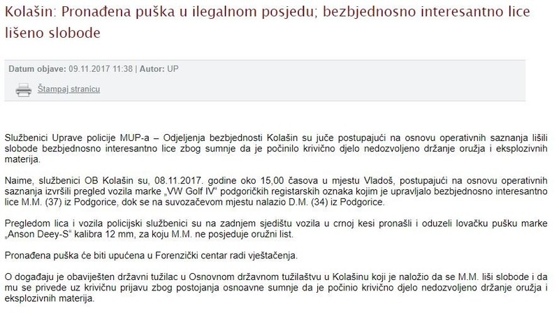 Montenegro-avmp/Kolasin--Pronadena-puska-u-ilegalnom-posjedu-bezbjednosno-interesantno-lic