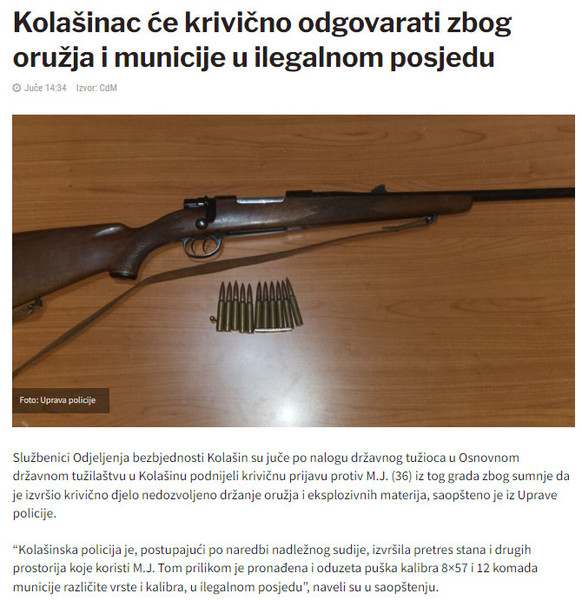 Montenegro-avmp/Kolasinac-ce-krivicno-odgovarati-zbog-oruzja-i-municije-u-ilegalnom-posjed