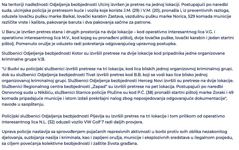 Montenegro-avmp/Kontrole-i-pretresi-na-17-lokacija-oduzeto-vatreno-oruzje-municija-vozilo-