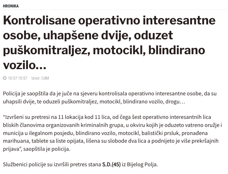 Montenegro-avmp/Kontrolisane-operativno-interesantne-osobe-uhapsene-dvije-oduzet-puskomitr